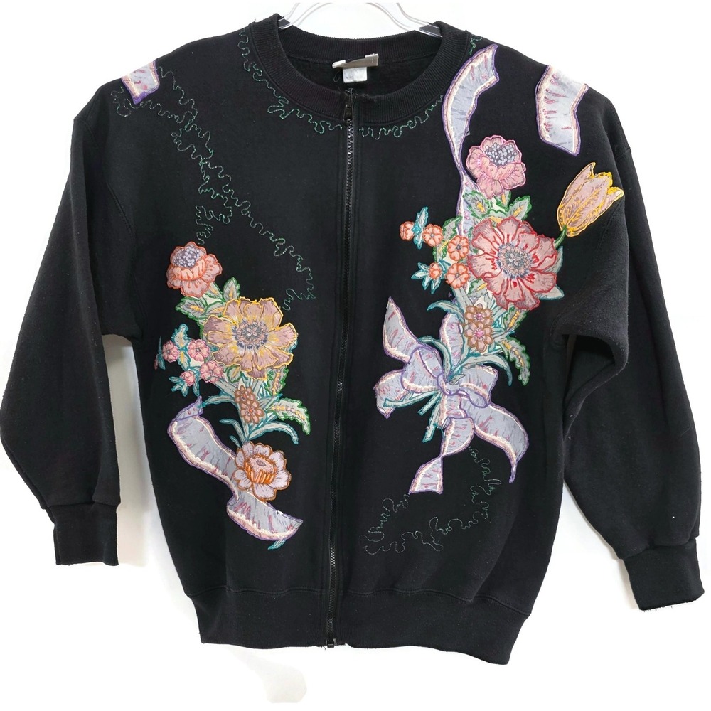 Vintage Lee Sweatshirt Womens 20W Black Zip Front Floral Ribbon‎ Embroidered 90s
